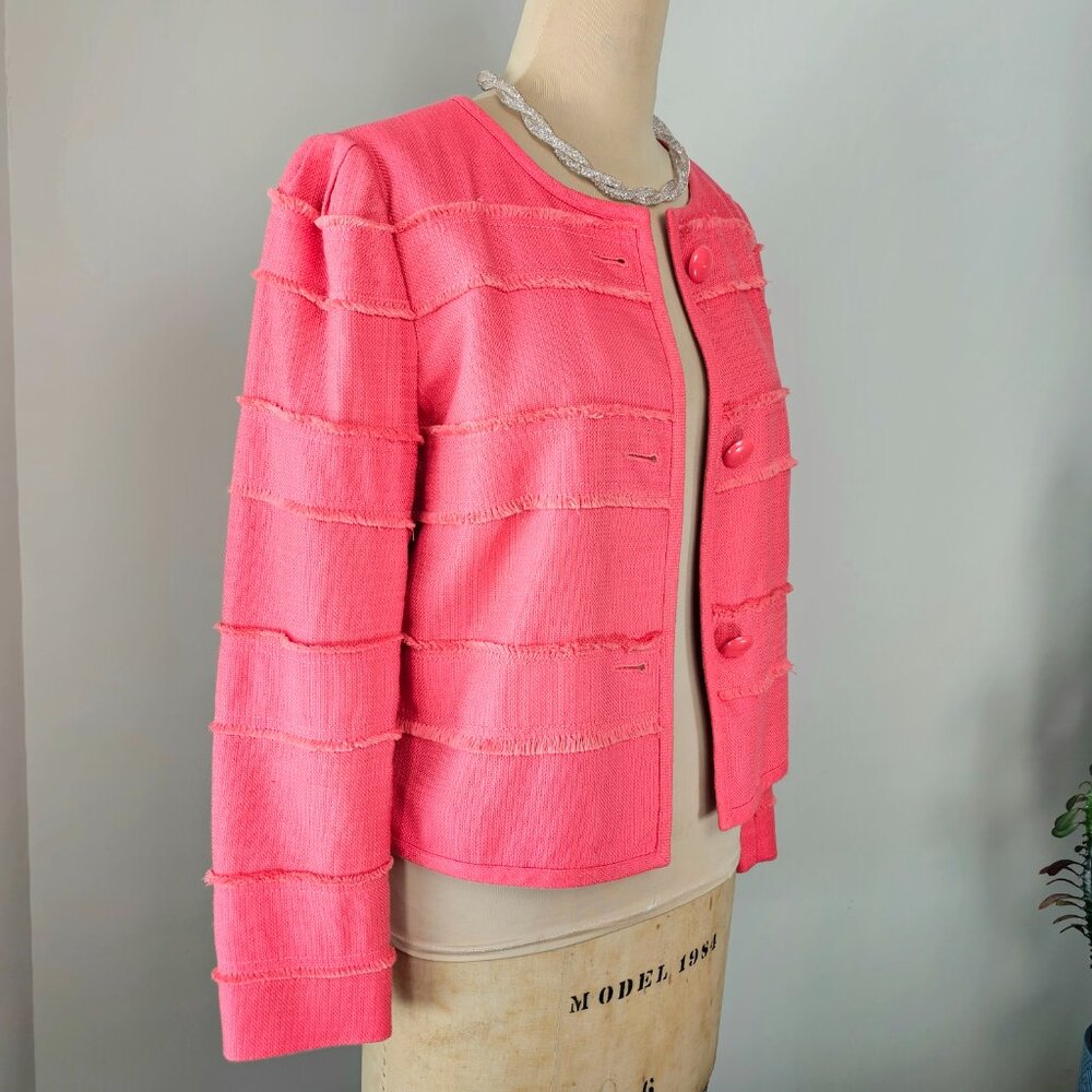 J.Crew Coral Fringe-Trim Cropped Jacket Size 10 Raw Edge Tiered Statement Blazer - Picture 7 of 13